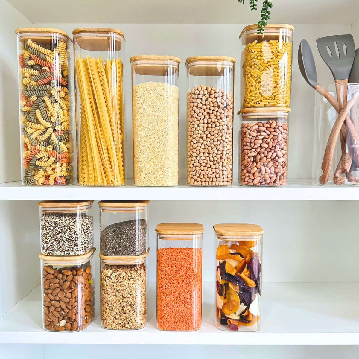 Square Glass Pantry Jars with Bamboo Lids – 12-Piece Set