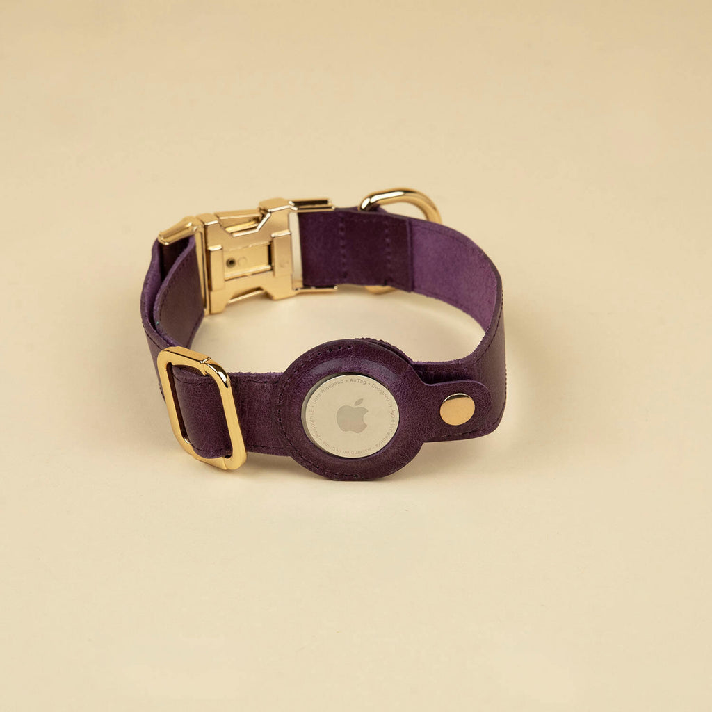 Purple Leather AirTag Dog Collar
