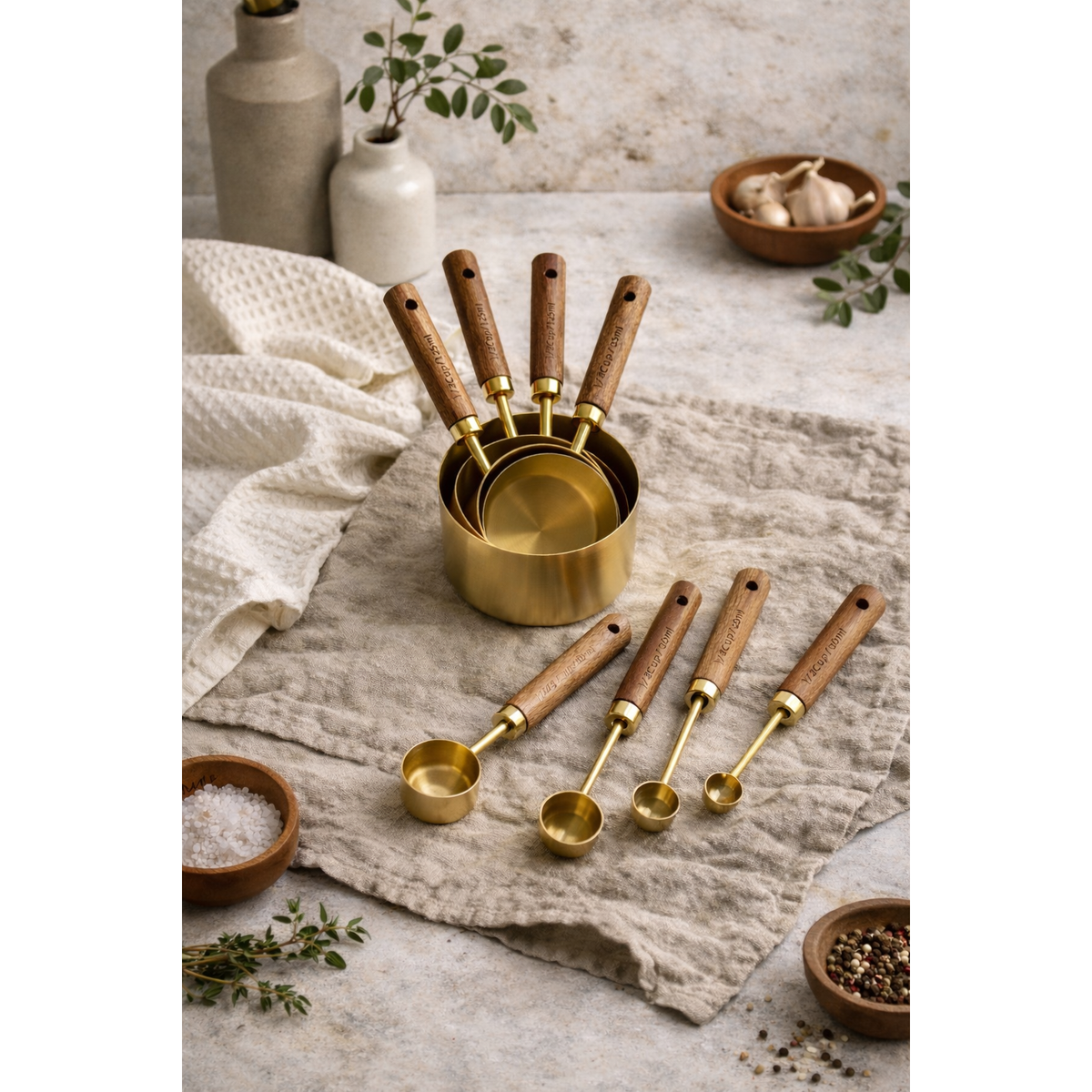 Acacia Wood & Gold Measuring Cups and Spoons – 8-Piece Set