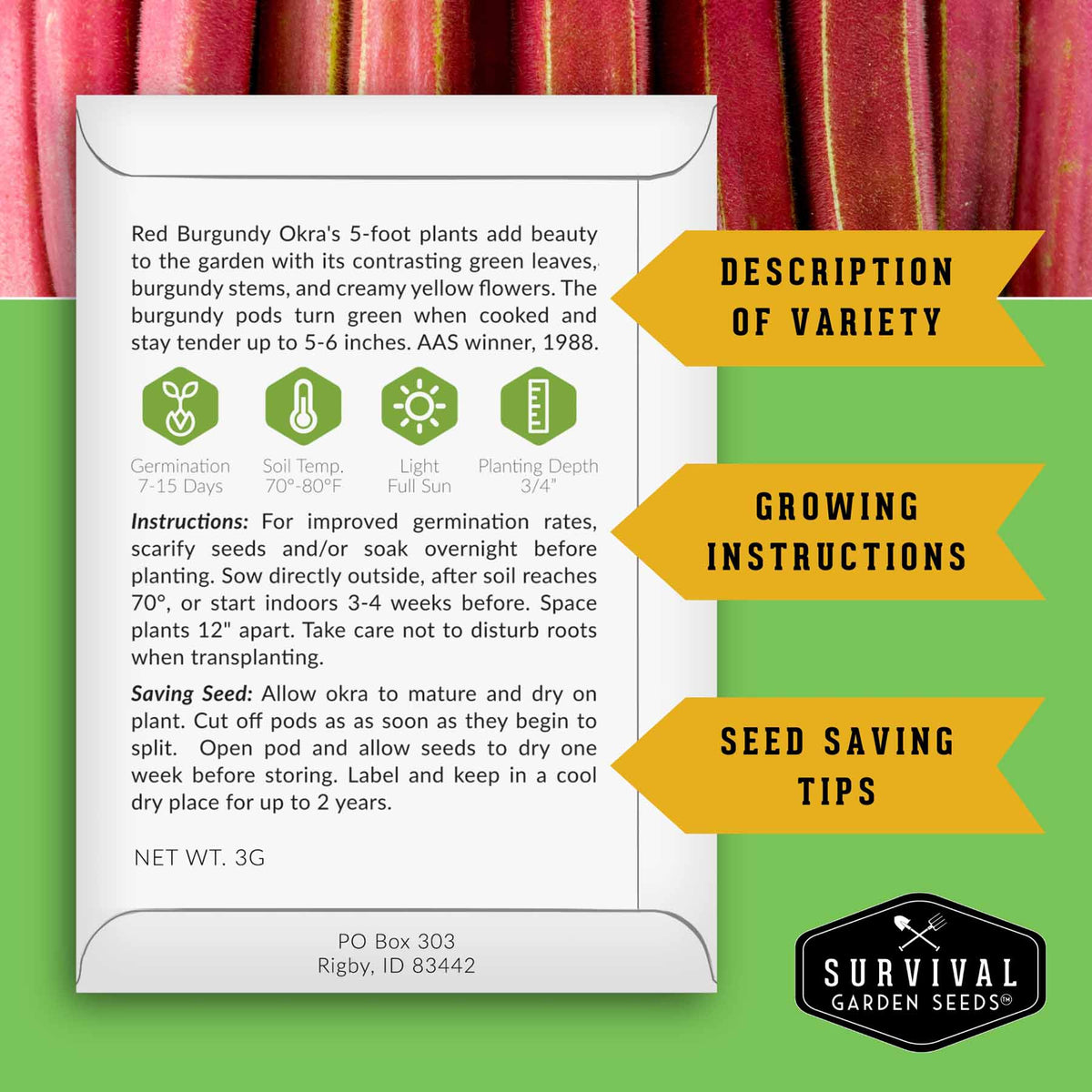 Okra Seed Collection – Red Burgundy, Clemson Spineless, and Emerald for Heat-Loving, High-Yield Summer Harvests