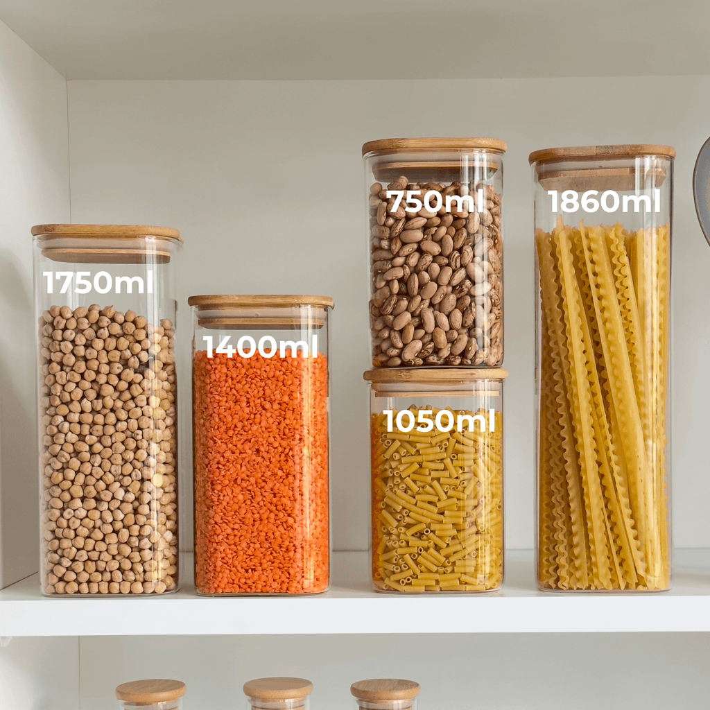 Square Glass Pantry Jars with Bamboo Lids – 5-Piece Set