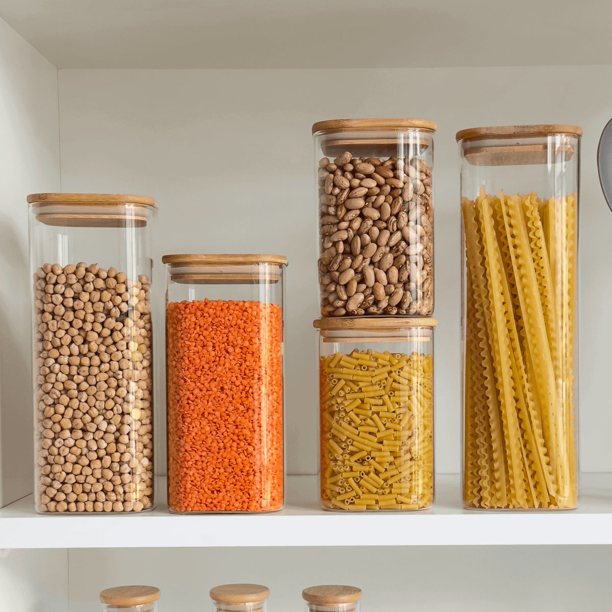 Square Glass Pantry Jars with Bamboo Lids – 5-Piece Set